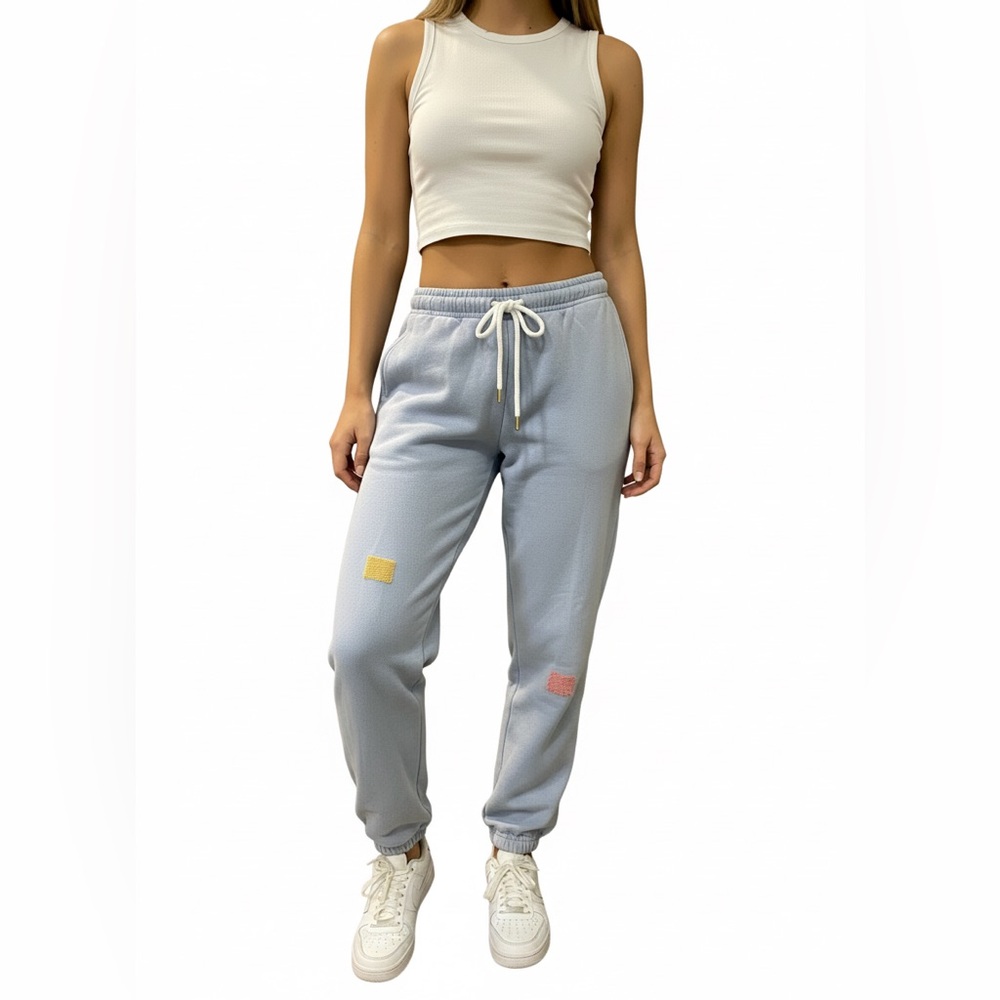 THE GREAT. Light Blue Joggers with Colorful Patches